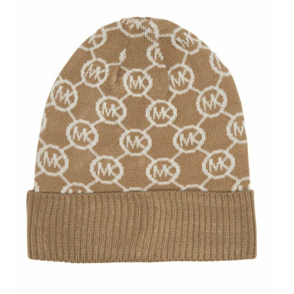 NWT MICHAEL KORS DARK CAMEL JET SET MK LOGO PRINT CALF BEANIE HAT SIZE 0/S